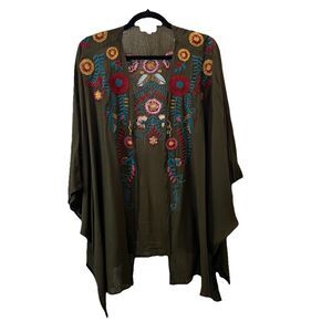 Umgee Women Embroidered Floral Kimono Cardigan Size M/L Green Open Boho Festival